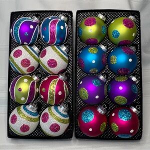 Christmas Ornaments - 16 Glass Glitter Bright Colors Polka Dots Stripes IOB